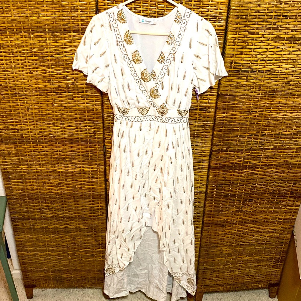 EUC Lapogee High Low Gold Pattern Lined MAXI dress S